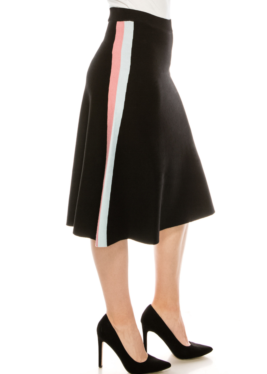 11973 Pink Black Striped Knee Length Skirt